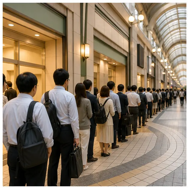 東京のATMに並ぶ通勤者