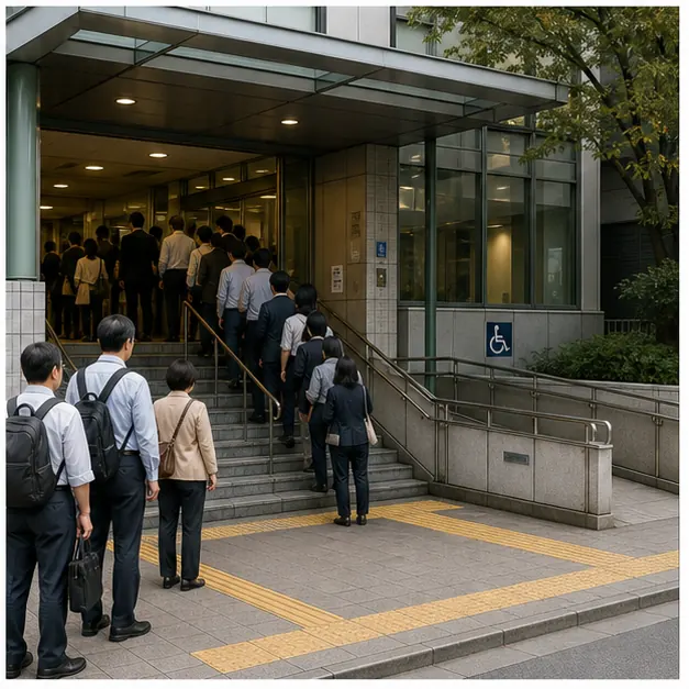 夜間の明るいATM入口と利用者の列